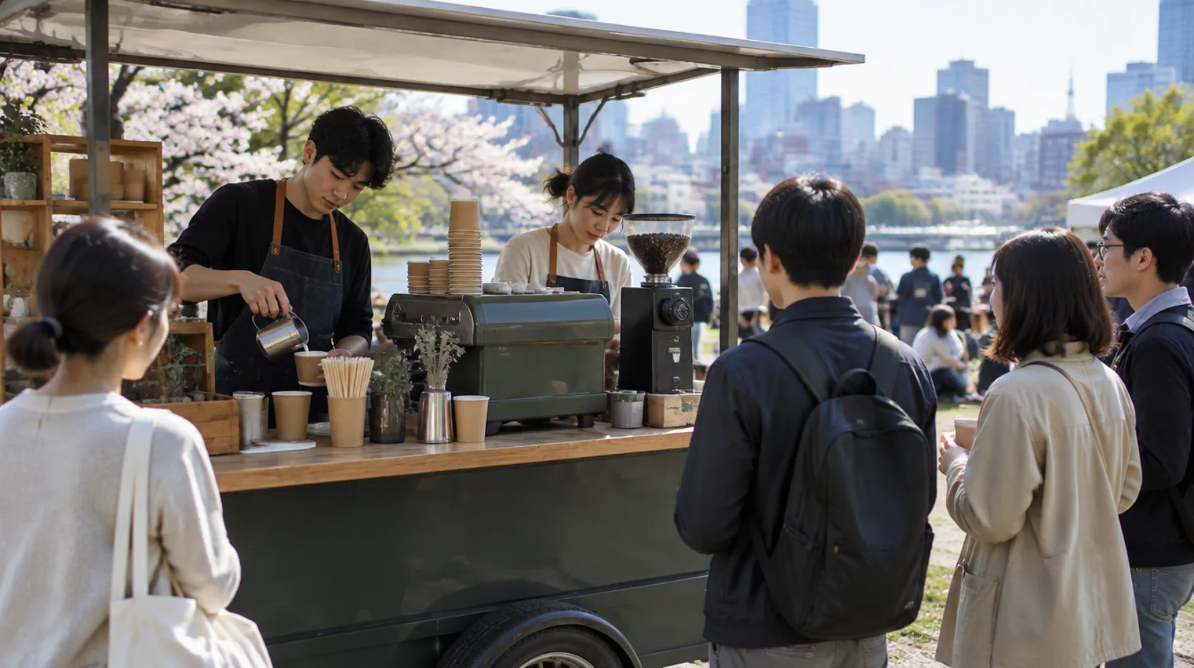 屋外イベント会場に設営された移動式カフェカウンターのAI生成イメージ