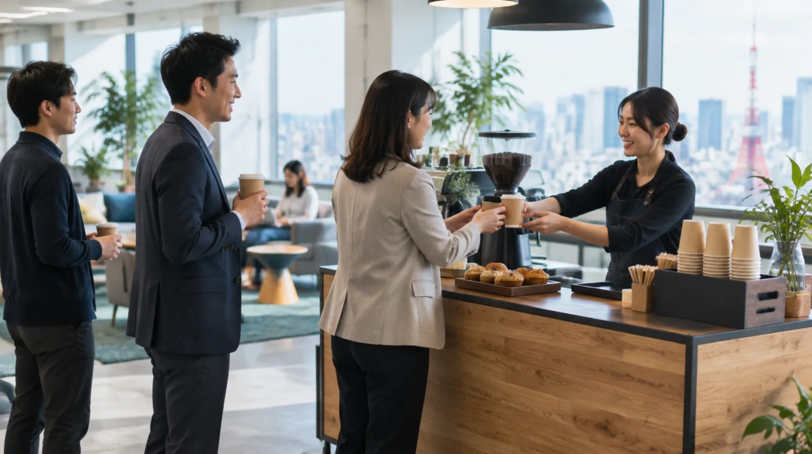 オフィスの休憩スペースで出張カフェのコーヒーを受け取る社員のAI生成イメージ