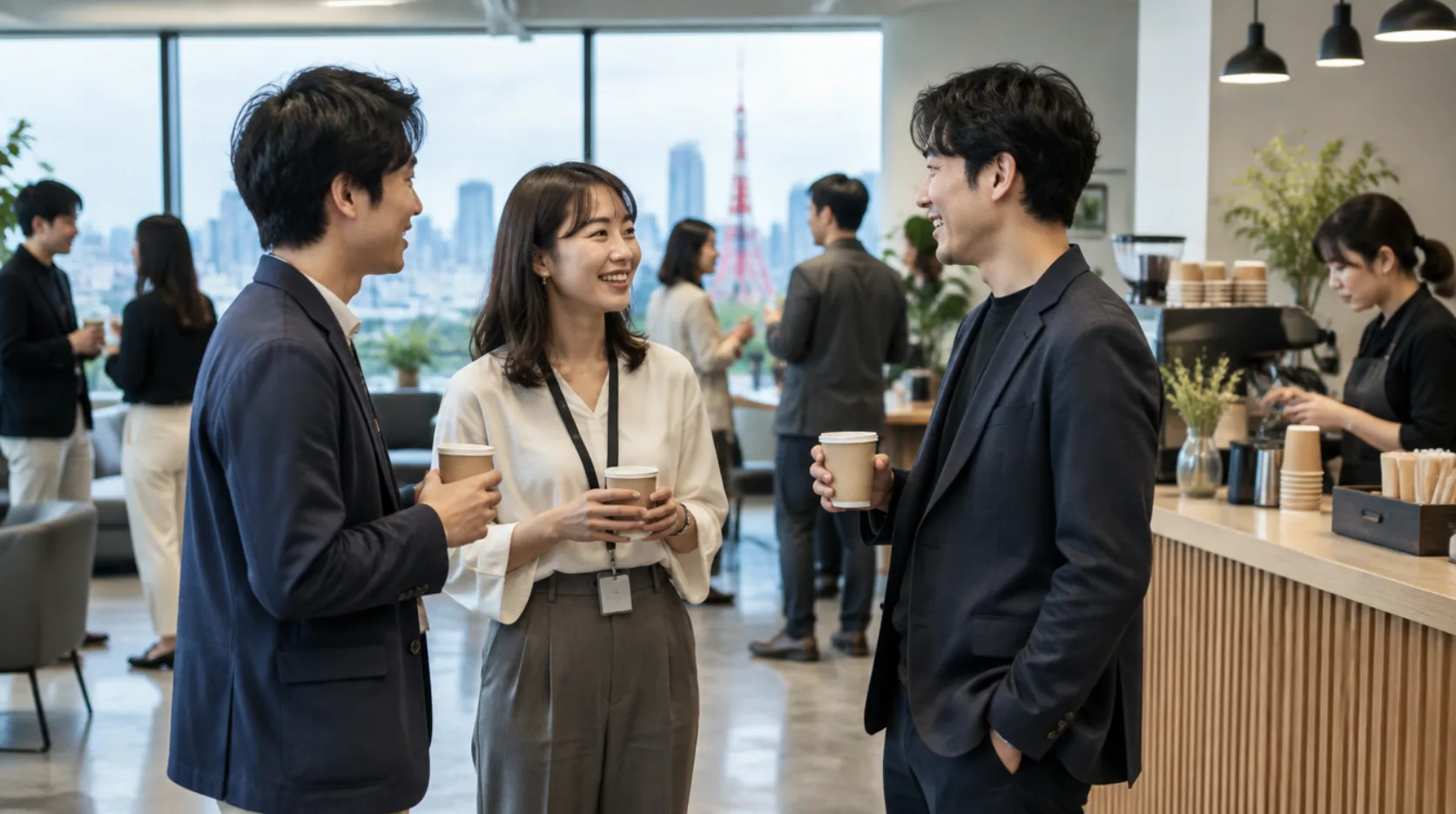 社内イベントでコーヒーを片手に談笑する参加者のAI生成イメージ